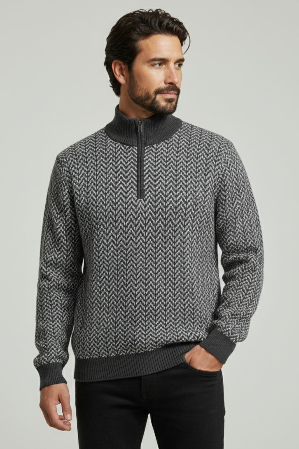 Jersey de hombre tipo pulóver con cuello alto y cierre corto